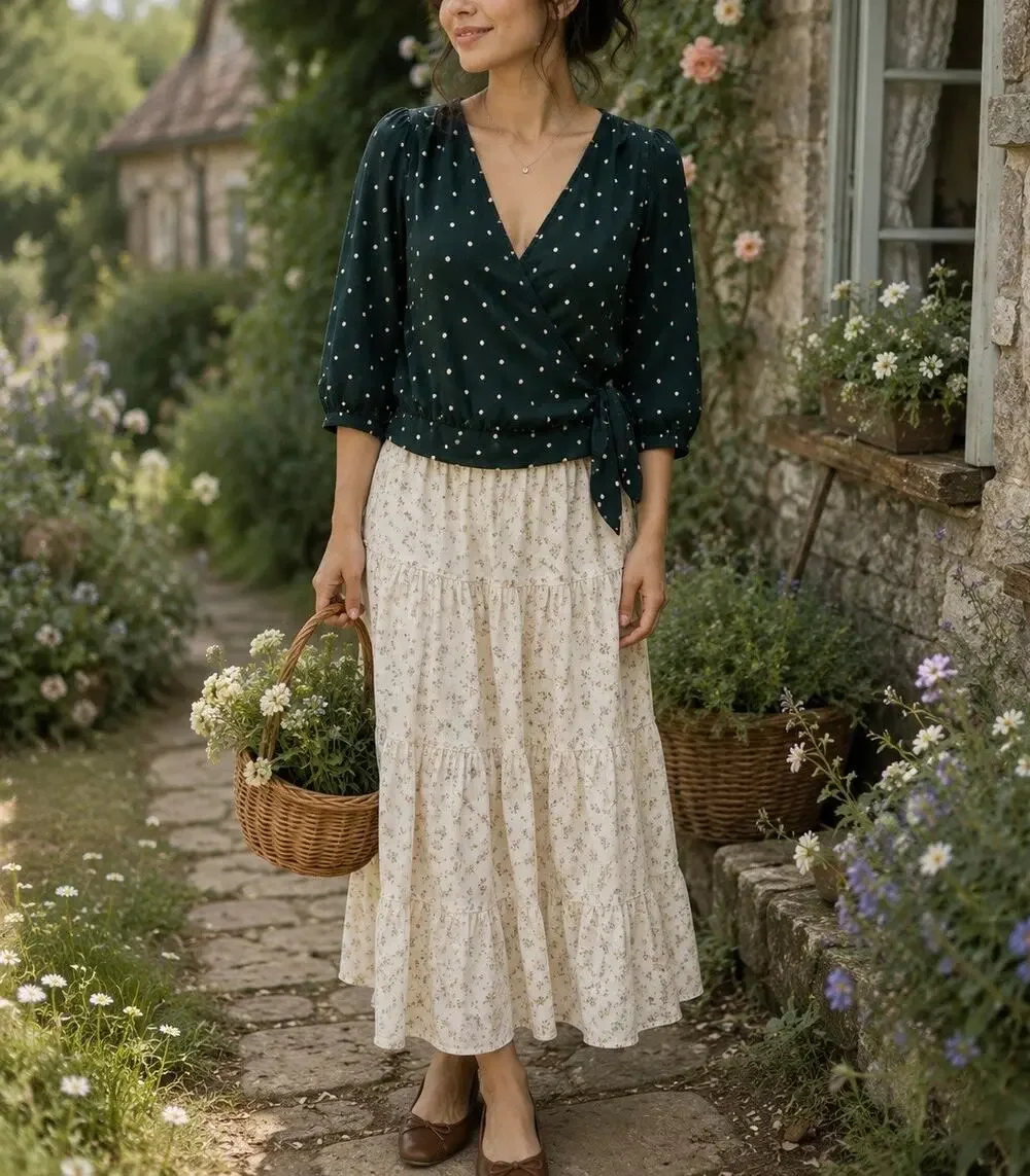 Madewell XXS Green Polka Dot Wrap Blouse Puff Sleeve Tie Waist Women’s Top